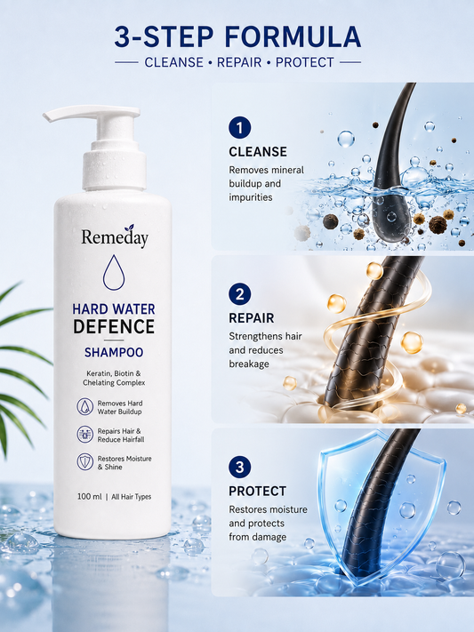 Remeday Hard Water Defence Complete Hair Care Combo | Chelating Shampoo + Hair Growth Serum Roll-On | Reduces Hair Fall & Repairs Hard Water Damage | Combo Pack