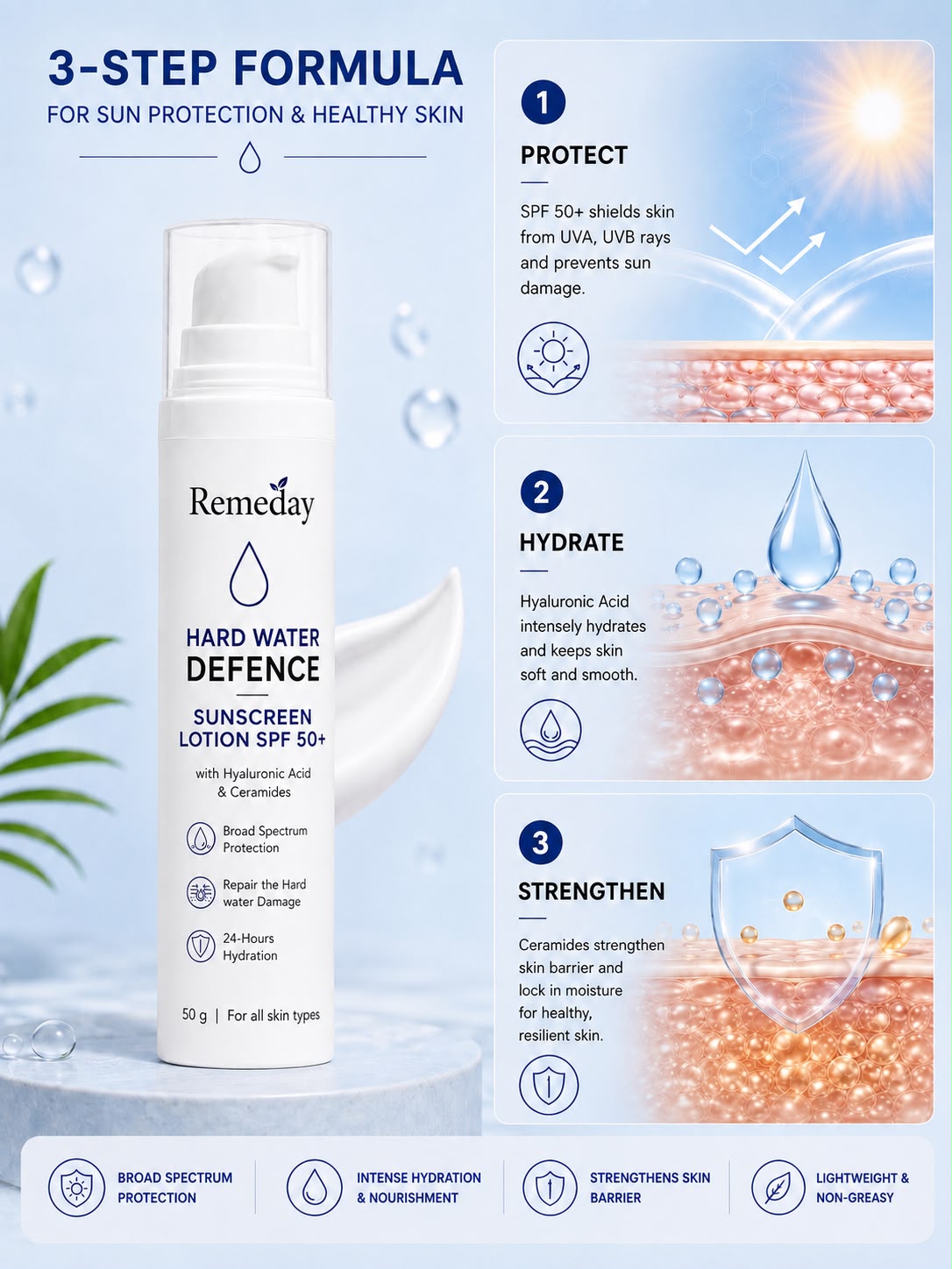 Remeday Hard Water Defence Complete Hair & Skin Care Combo | Face Wash + Sunscreen SPF 50+ + Shampoo + Hair Growth Serum | India's First Hard Water Damage Repair Range | Combo Pack of 4