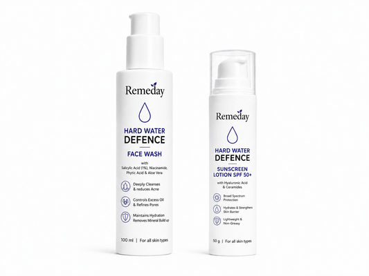 Remeday Hard Water Defence Complete Skin Care Combo | Salicylic Acid Face Wash + Sunscreen SPF 50+ | Acne Control Cleanser & Broad Spectrum Sun Protection | Combo Pack