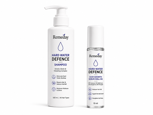 Remeday Hard Water Defence Complete Hair Care Combo | Chelating Shampoo + Hair Growth Serum Roll-On | Reduces Hair Fall & Repairs Hard Water Damage | Combo Pack