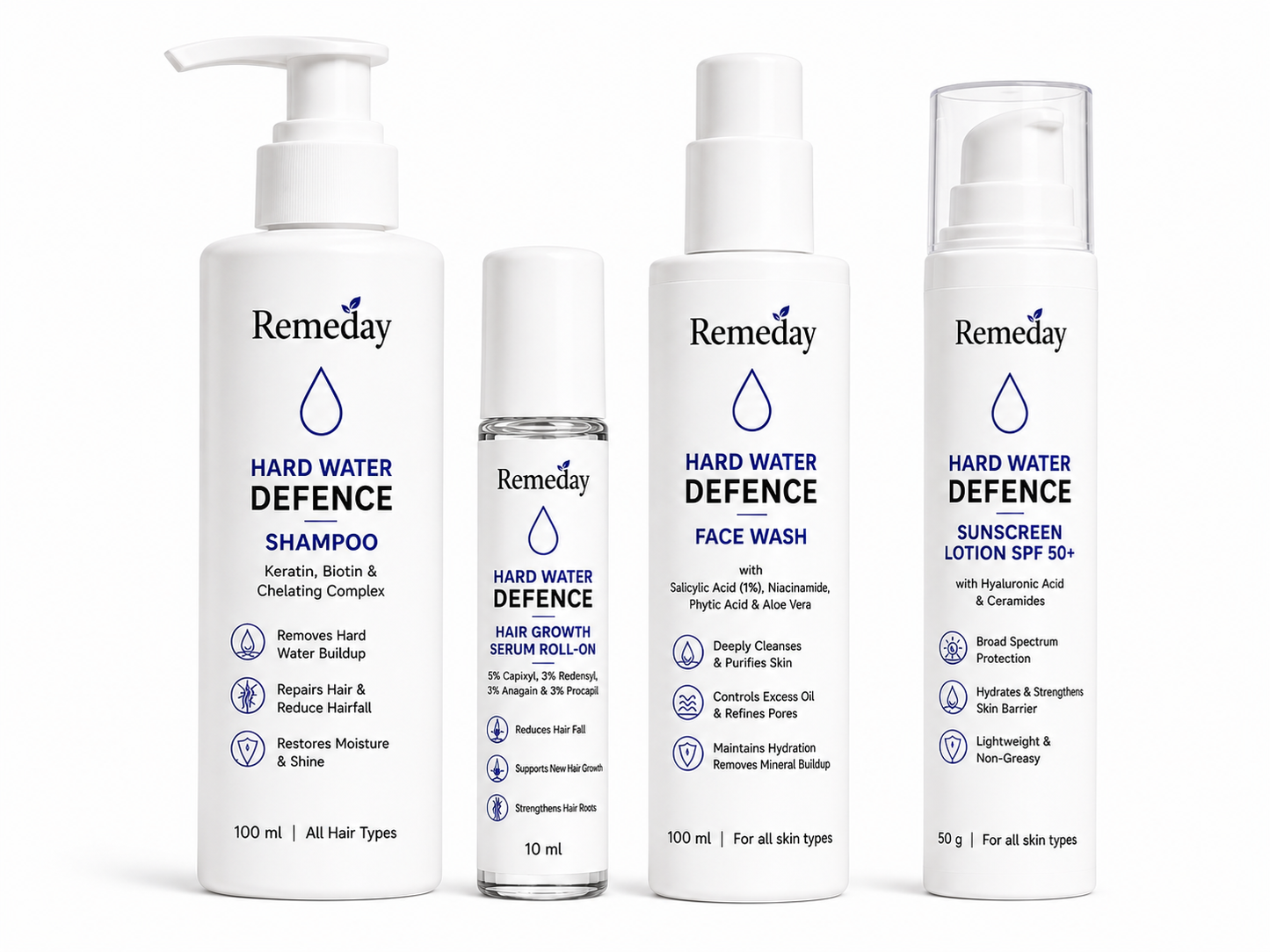 Remeday Hard Water Defence Complete Hair & Skin Care Combo | Face Wash + Sunscreen SPF 50+ + Shampoo + Hair Growth Serum | India's First Hard Water Damage Repair Range | Combo Pack of 4