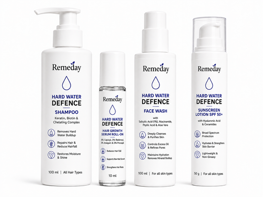 Remeday Hard Water Defence Complete Hair & Skin Care Combo | Face Wash + Sunscreen SPF 50+ + Shampoo + Hair Growth Serum | India's First Hard Water Damage Repair Range | Combo Pack of 4
