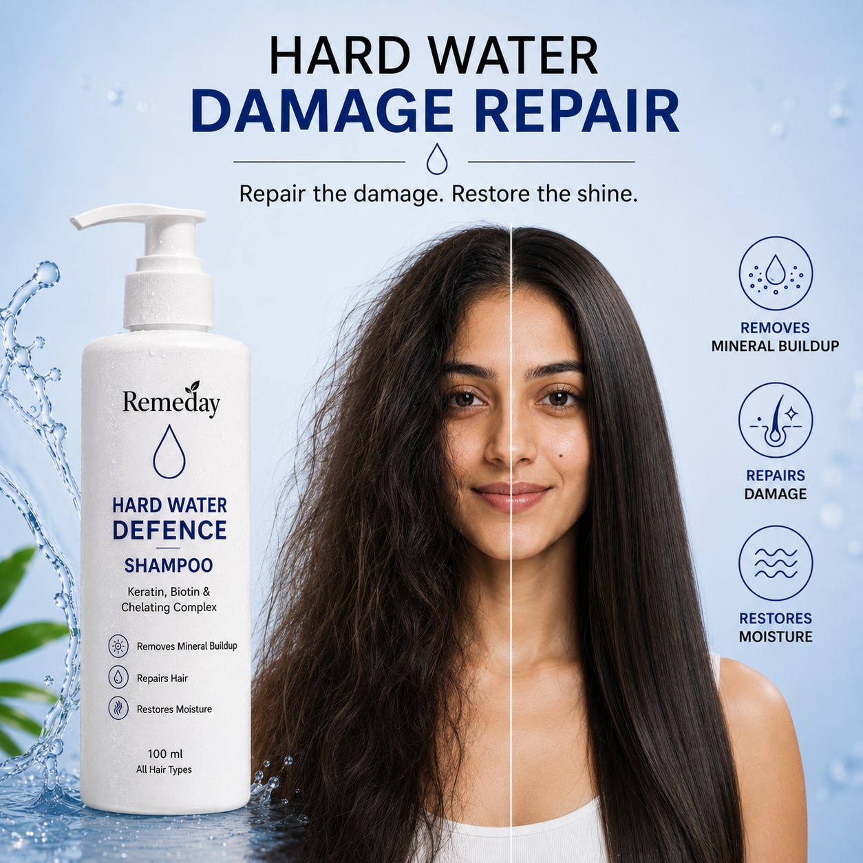 Remeday Hard Water Defence Complete Hair & Skin Care Combo | Face Wash + Sunscreen SPF 50+ + Shampoo + Hair Growth Serum | India's First Hard Water Damage Repair Range | Combo Pack of 4