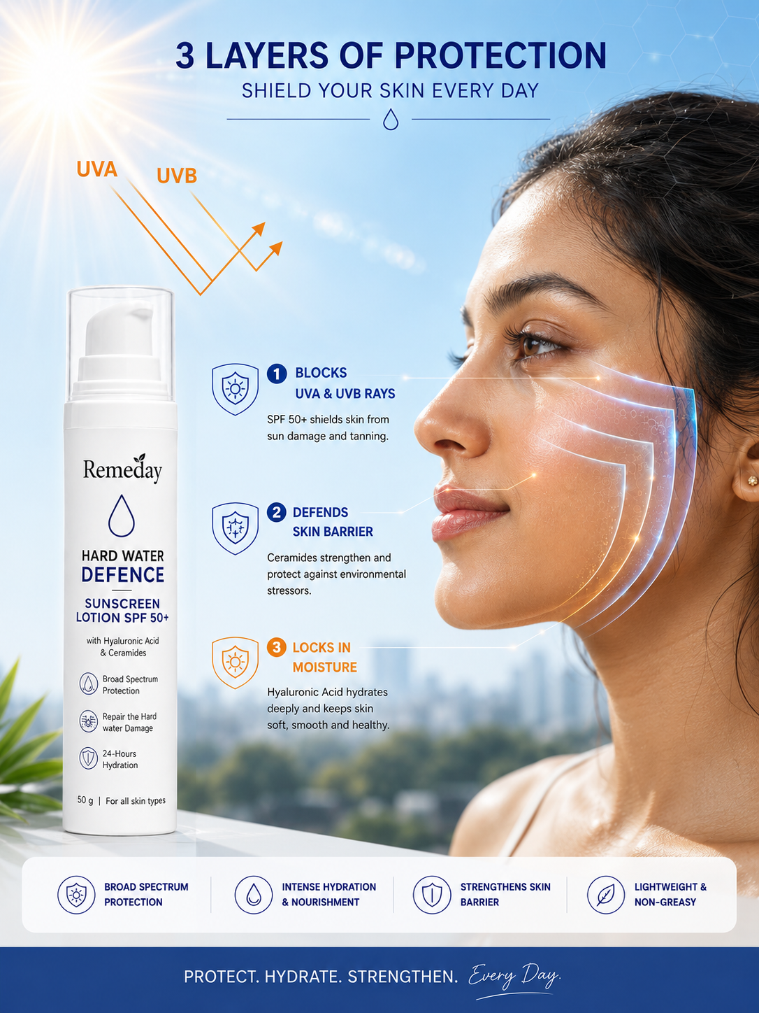 Remeday Hard Water Defence Complete Hair & Skin Care Combo | Face Wash + Sunscreen SPF 50+ + Shampoo + Hair Growth Serum | India's First Hard Water Damage Repair Range | Combo Pack of 4
