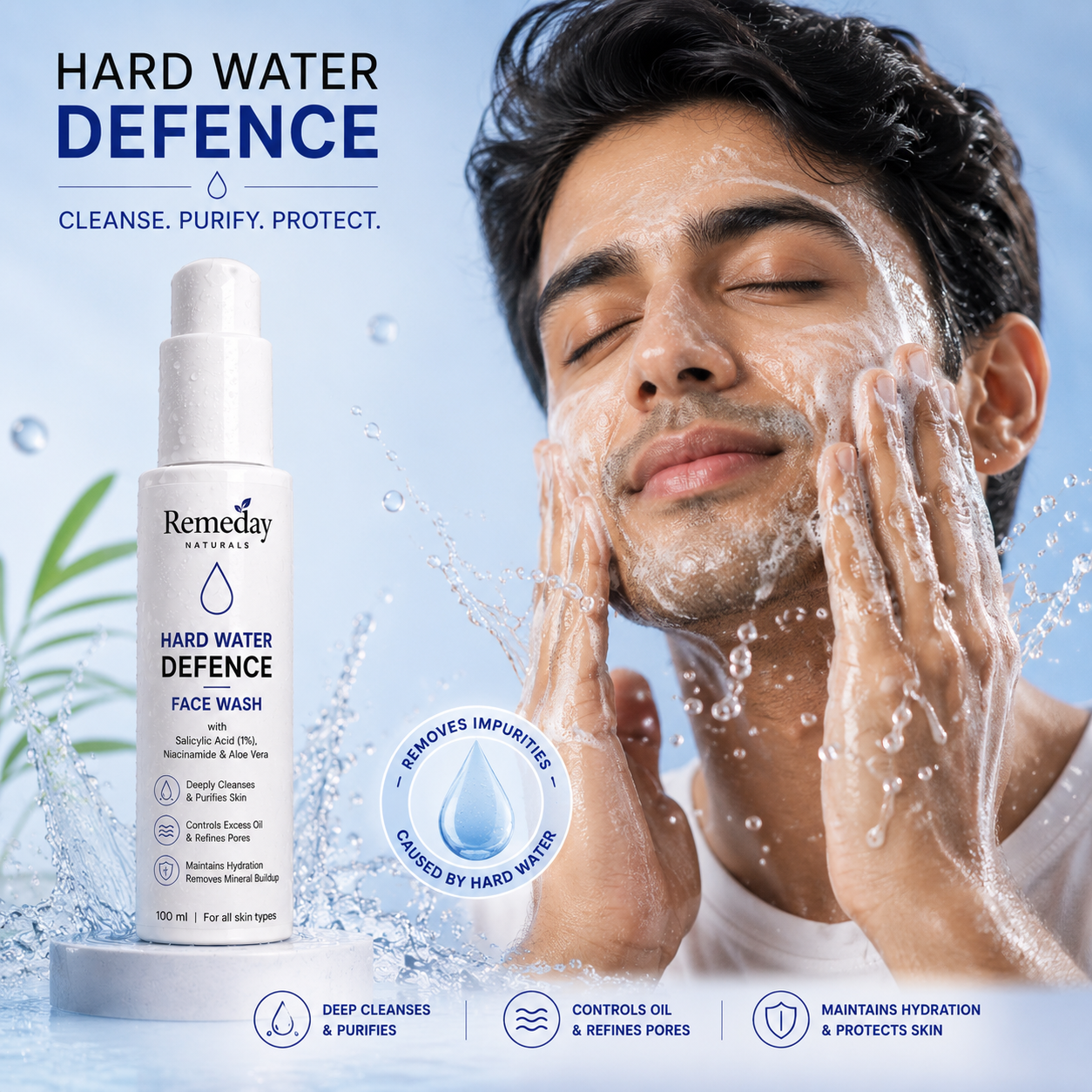 Remeday Hard Water Defence Complete Hair & Skin Care Combo | Face Wash + Sunscreen SPF 50+ + Shampoo + Hair Growth Serum | India's First Hard Water Damage Repair Range | Combo Pack of 4