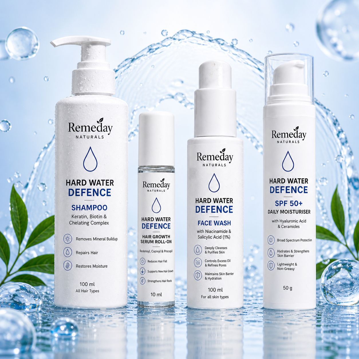 Complete Hard Water Damage Repair Kit | Shampoo, Face Wash, SPF Moisturiser & Hair Growth Serum | Total Hair & Skin Defence Routine