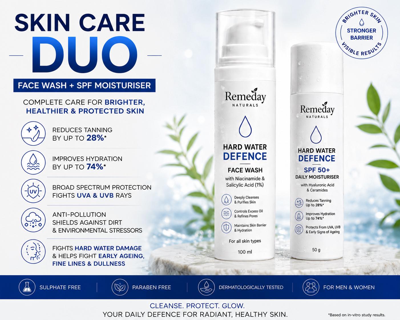 Hard Water Skin Defence Duo | Face Wash + SPF Moisturiser | Brightening, UV Protection &amp; Anti-Pollution Care