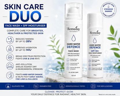Hard Water Skin Defence Duo | Face Wash + SPF Moisturiser | Brightening, UV Protection &amp; Anti-Pollution Care