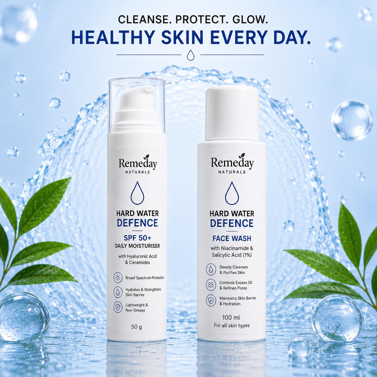Hard Water Skin Defence Duo | Face Wash + SPF Moisturiser | Brightening, UV Protection &amp; Anti-Pollution Care